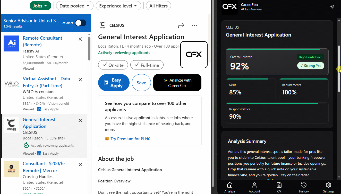 CareerFlex Chrome extension in action