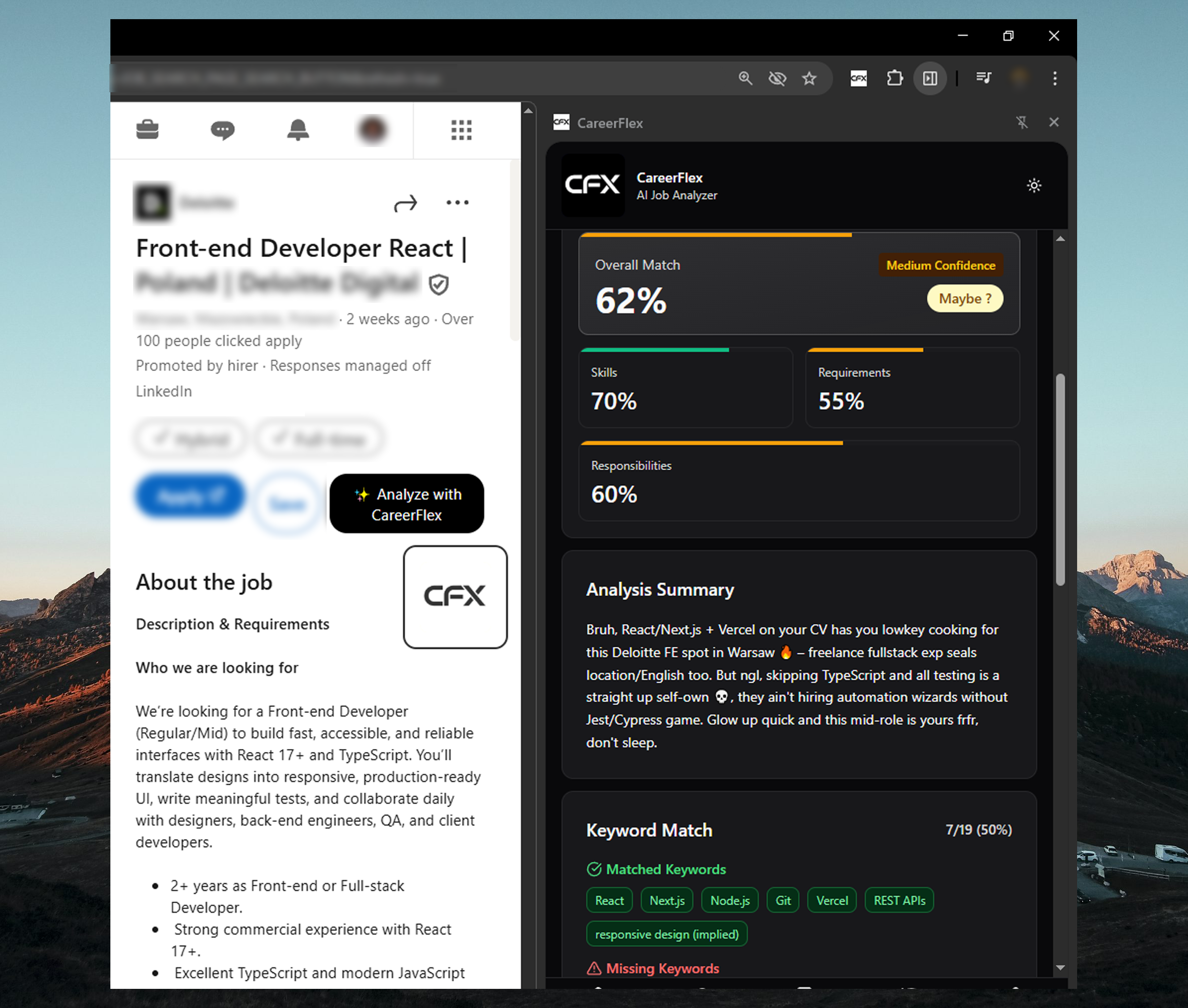 CareerFlex extension analyzing a LinkedIn job posting